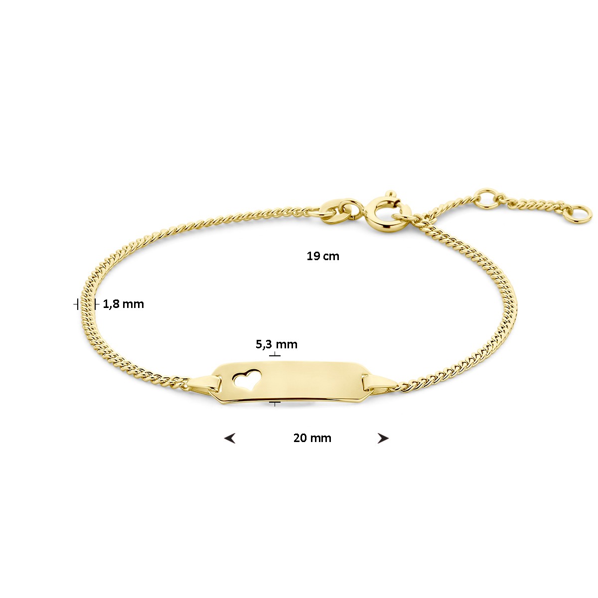 Graveerarmband hart gourmette plaat 5,3 mm 16 - 17.5 - 19 cm 14K geelgoud