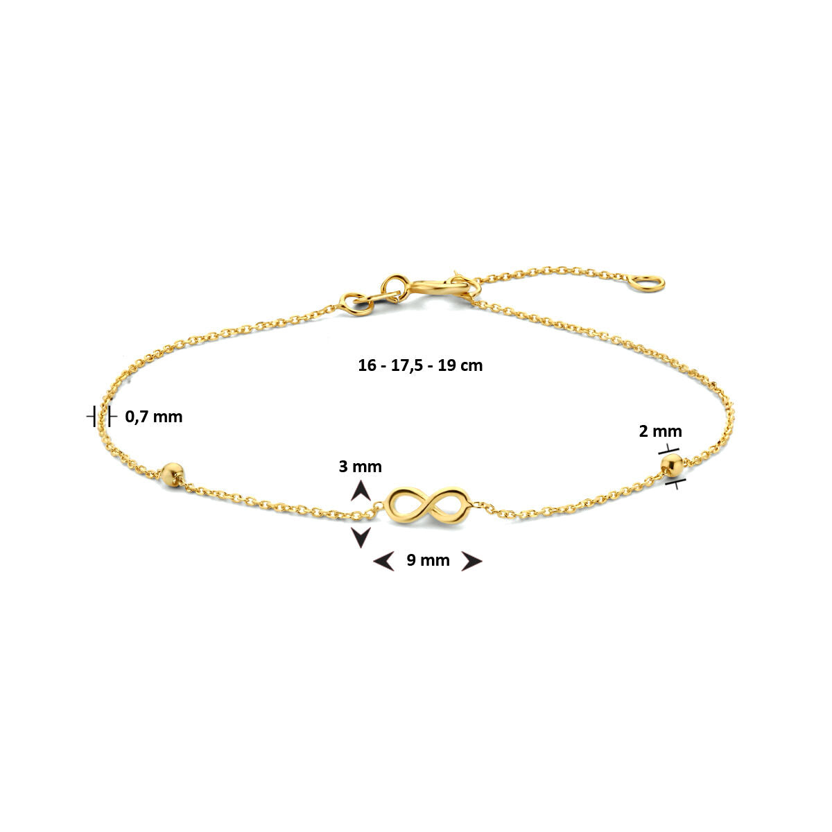 Fantasy Collection Armband infinity en bolletjes 16 - 17,5 - 19 cm 14K geelgoud