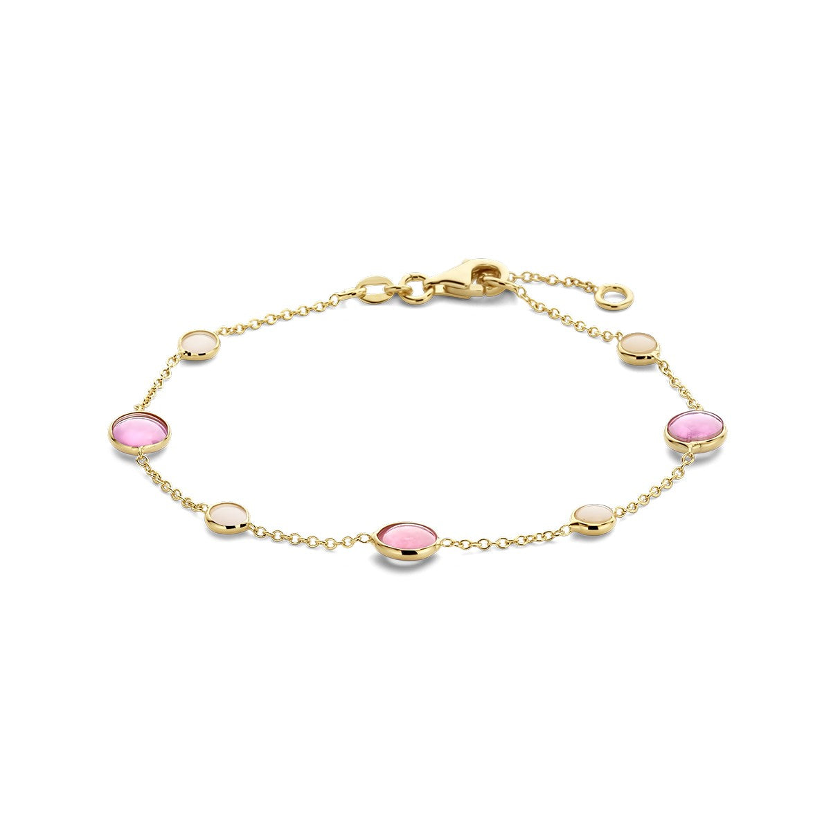 Fantasy Collection Armband roze robijn en roze opaal 17 - 19 cm 14K geelgoud