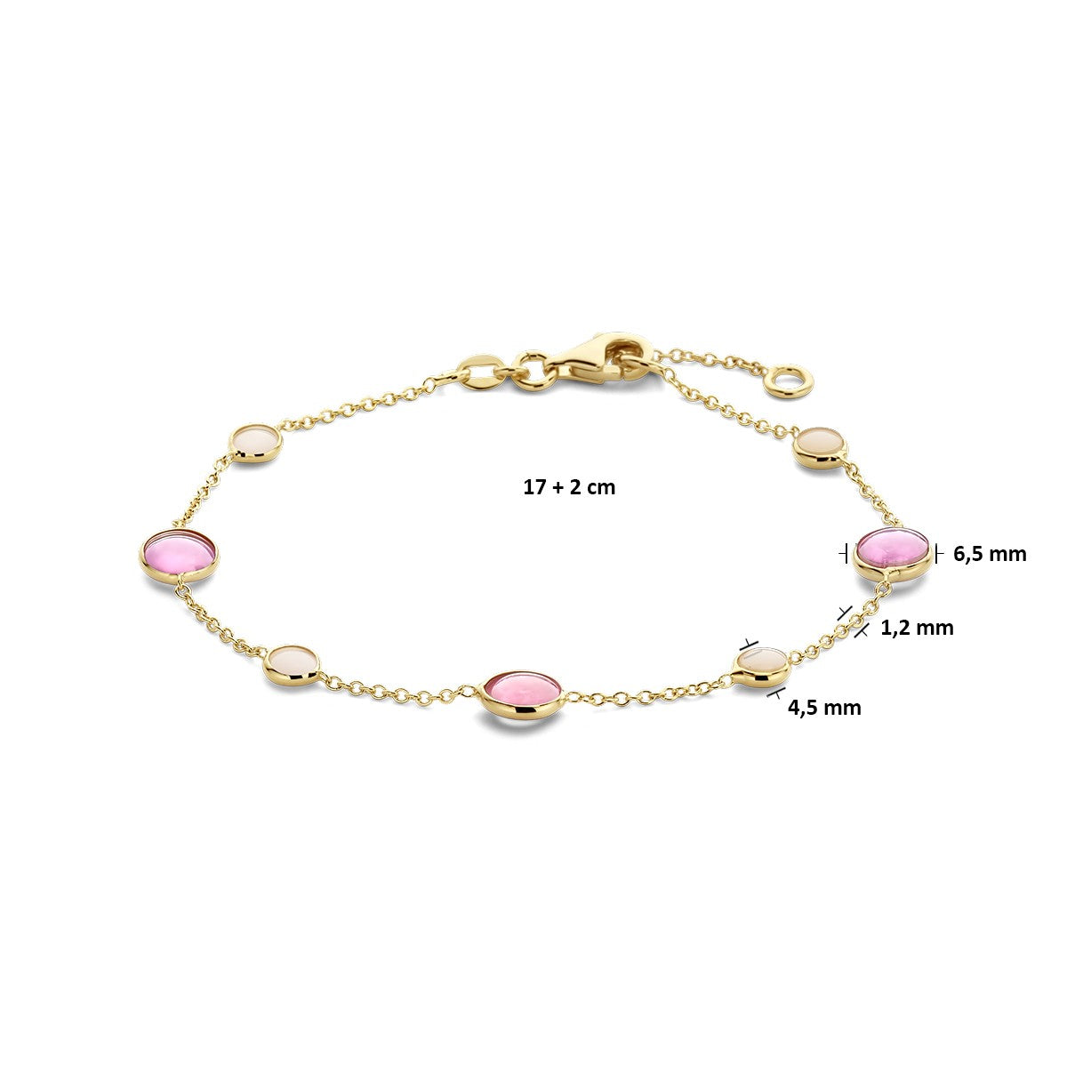 Fantasy Collection Armband roze robijn en roze opaal 17 - 19 cm 14K geelgoud