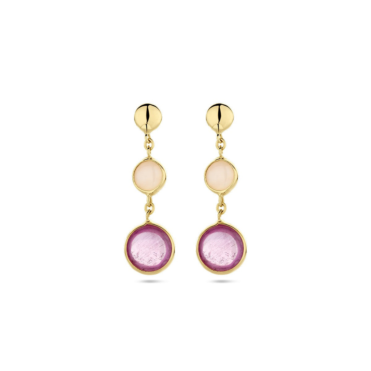 Fantasy Collection Hangende oorbellen roze robijn en roze opaal 14K geelgoud