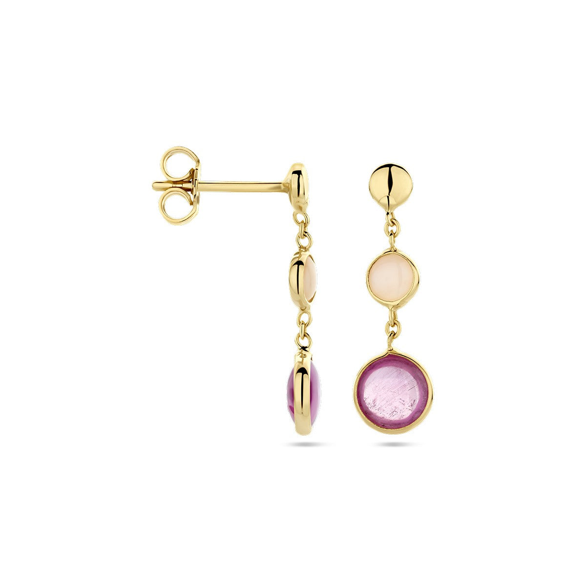 Fantasy Collection Hangende oorbellen roze robijn en roze opaal 14K geelgoud