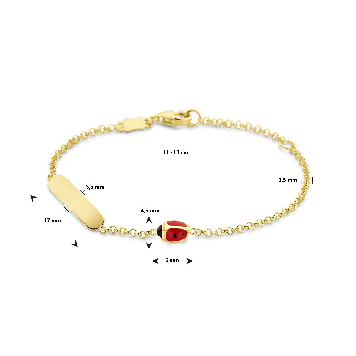 Fantasy Collection Graveerarmband emaille lieveheersbeestje plaat 3,5 mm 11 - 13 cm 14K geelgoud