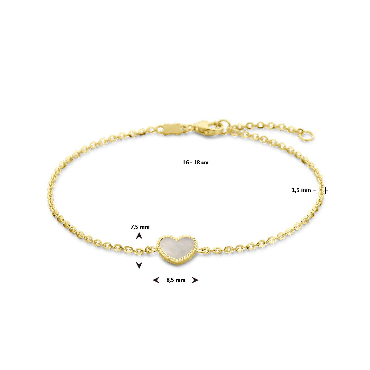 Fantasy Collection Armband hart parelmoer 16 - 18 cm 14K geelgoud