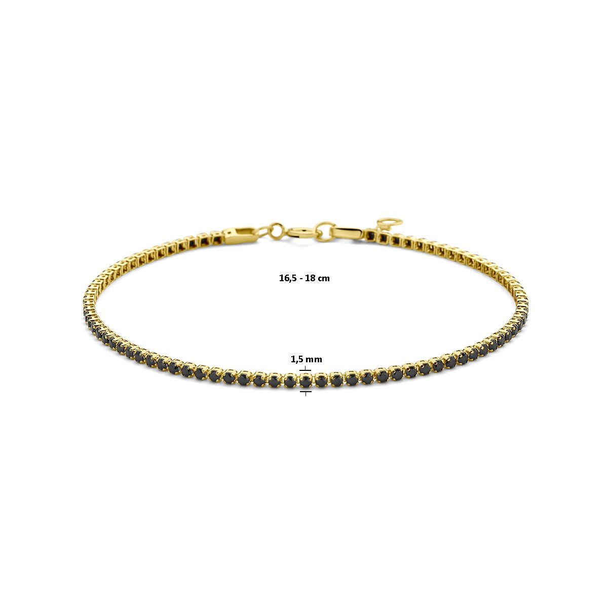 Fantasy Collection Tennisarmband zwart spinel 1,5 mm 16,5 - 18 cm 14K geelgoud