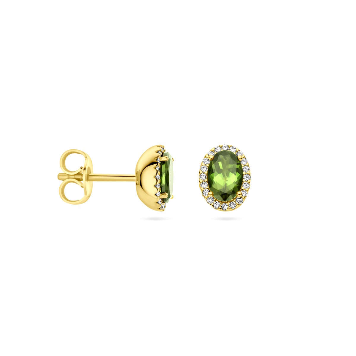Oorbellen groen toermalijn en diamant 0.12ct (2x 0.06ct) h si halo 14K geelgoud