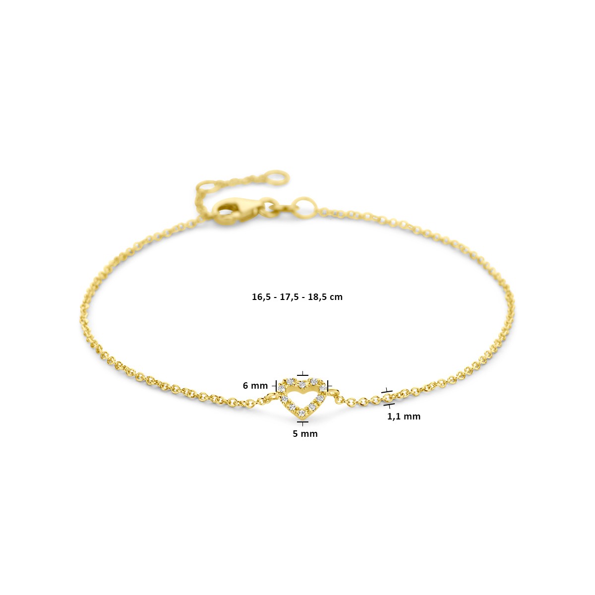 Armband hart en diamant 16,5 - 17,5 - 18,5 cm 0.04ct h si 14K geelgoud