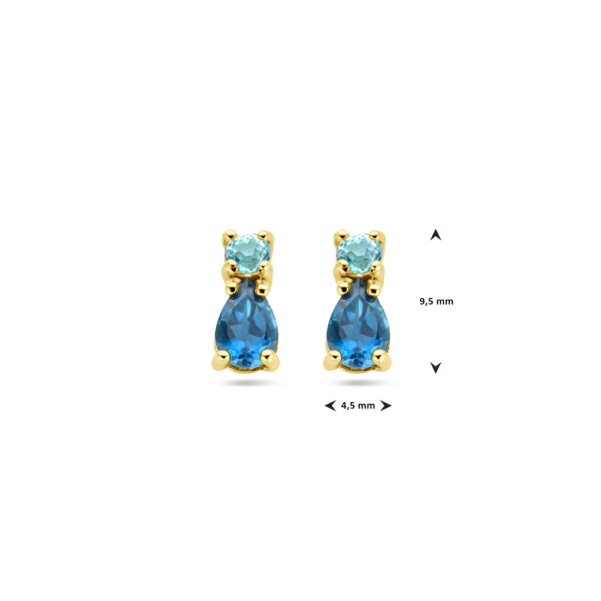 Oorbellen met london blue topaas en sky blue topaas 14K geelgoud