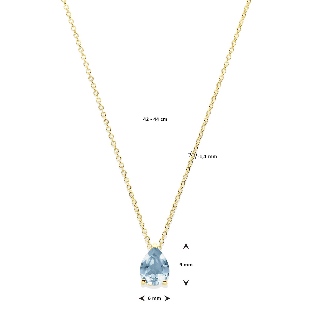 Collier blauw topaas 42 – 44 cm 14K geelgoud