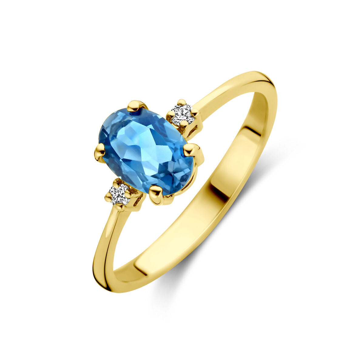 Fantasy Collection Ring trilogie london blue topaas en diamant 0.04ct h si 14K geelgoud