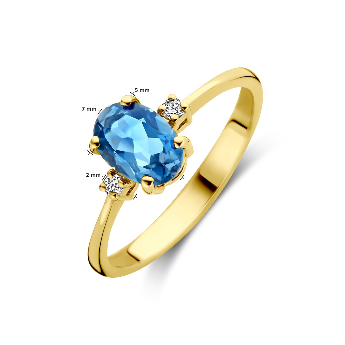 Ring trilogie london blue topaas en diamant 0.04ct h si 14K geelgoud