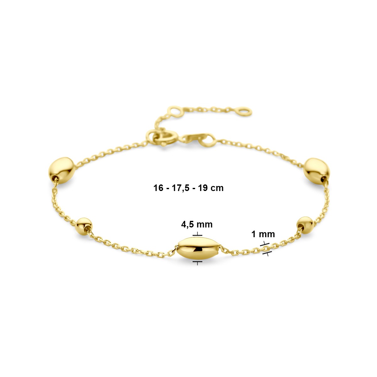 Armband ovaaltjes en bolletjes 16 - 17,5 - 19 cm 14K geelgoud