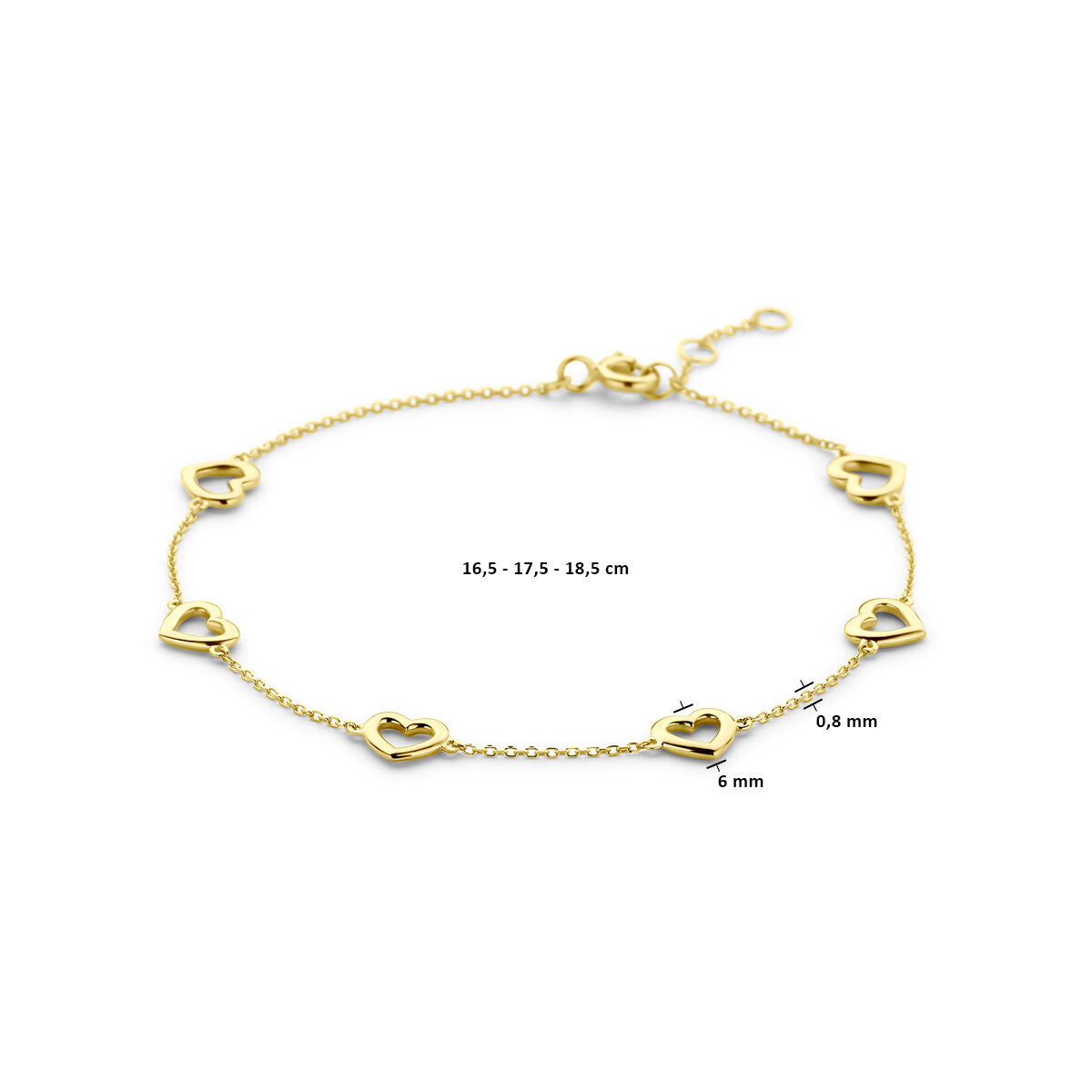 Fantasy Collection Armband hartjes 16,5 - 17,5 - 18,5 cm 14K geelgoud