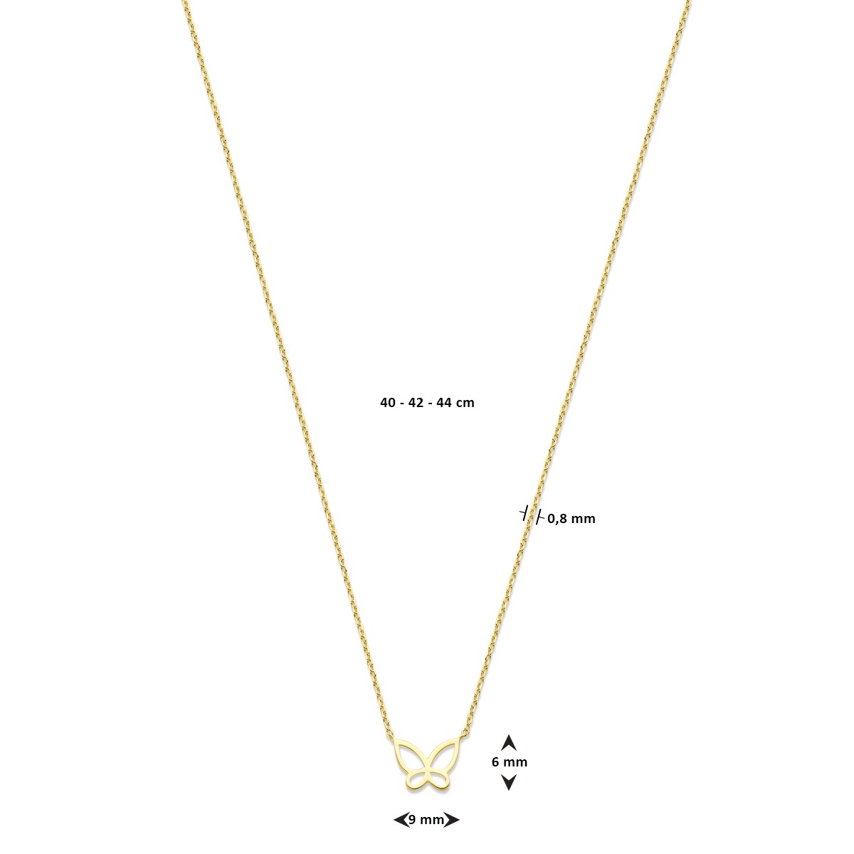 Collier vlinder 40 - 42 - 44 cm 14K geelgoud