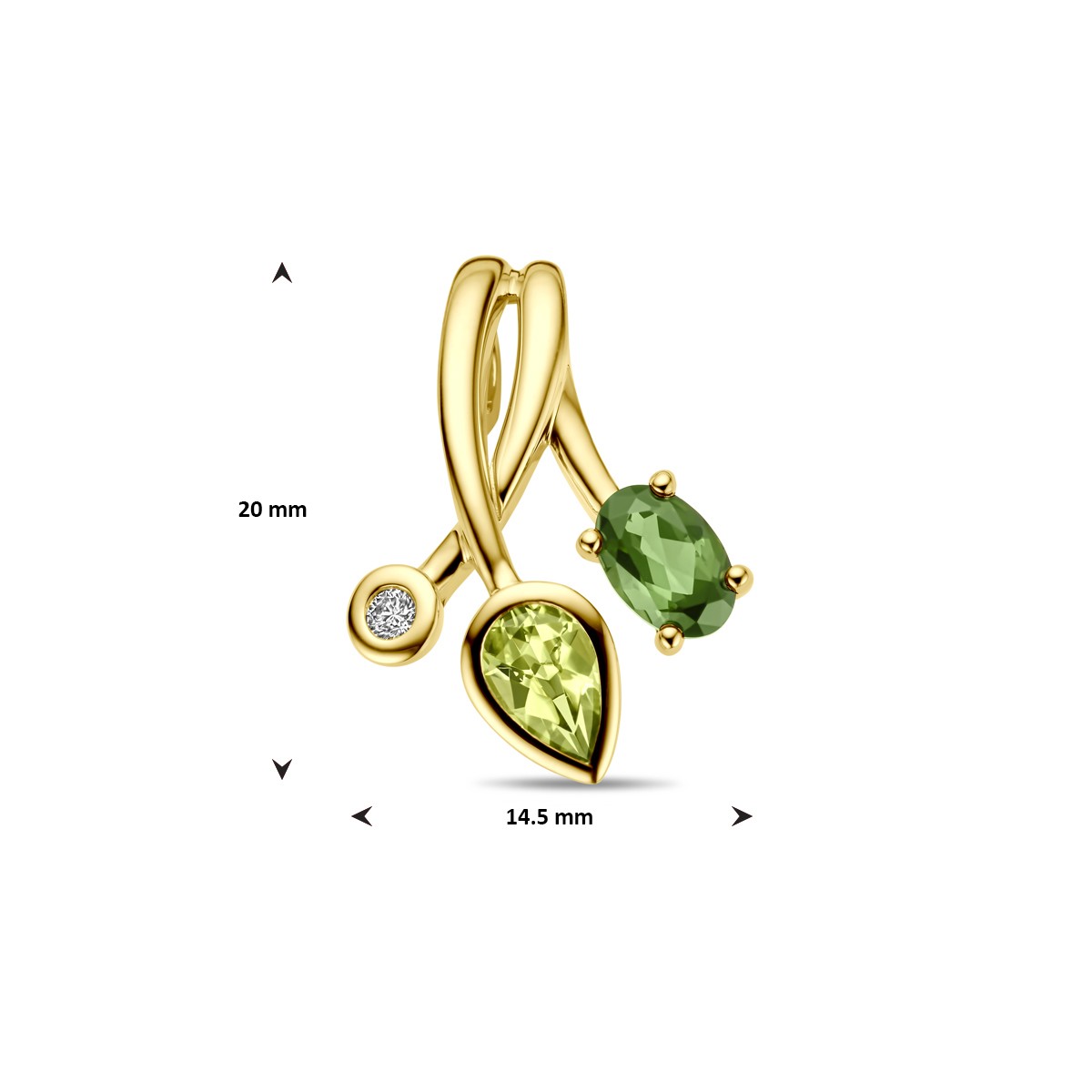 Hanger groen toermalijn, peridot en diamant 0.03ct h si 14K geelgoud