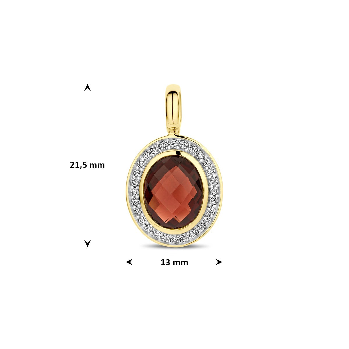 Hanger granaat en diamant 0.18ct h si 21 mm 14K geelgoud