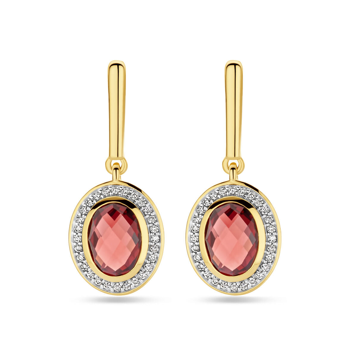 Fantasy Collection Hangende oorbellen granaat en diamant 0.18ct (2x 0.09ct) h si 26 mm 14K geelgoud