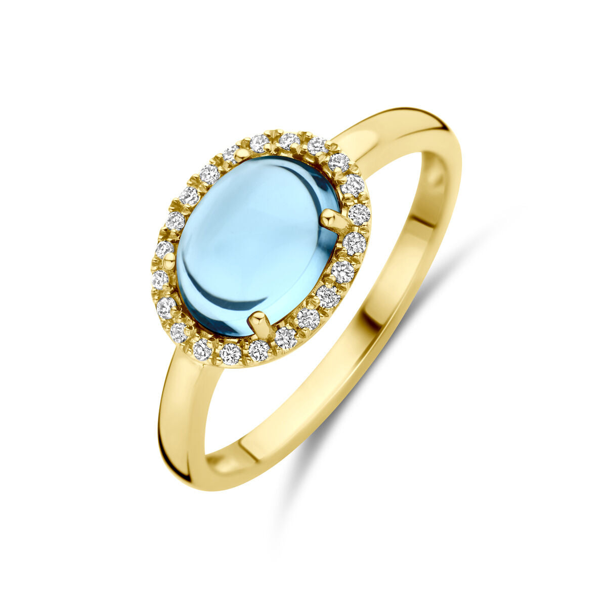 Fantasy Collection Ring blauw topaas en diamant 0.09ct h si halo 14K geelgoud