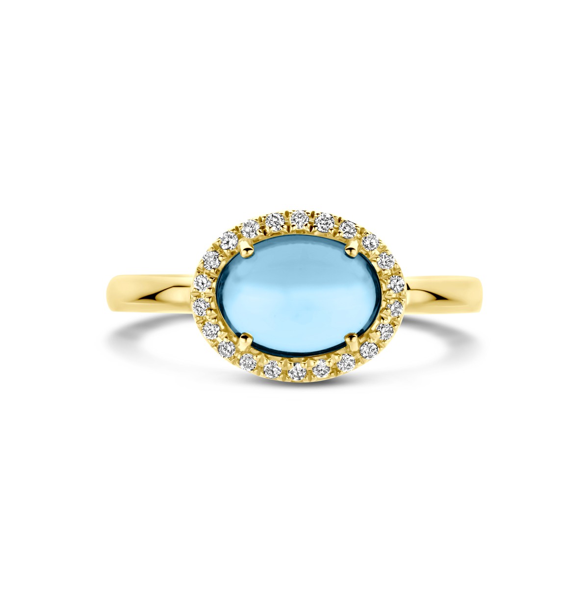 Ring blauw topaas en diamant 0.09ct h si halo 14K geelgoud
