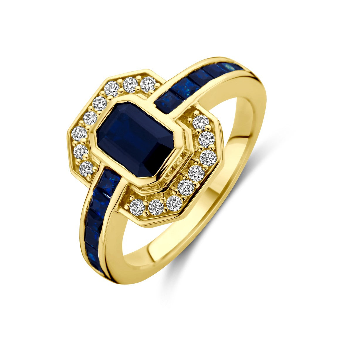 Fantasy Collection Ring saffier en diamant 0.20ct h si 14K geelgoud
