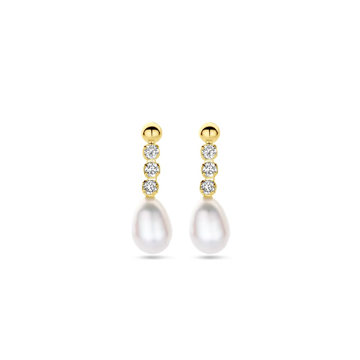 Fantasy Collection Hangende oorbellen zirkonia en parel 19 mm 14K geelgoud
