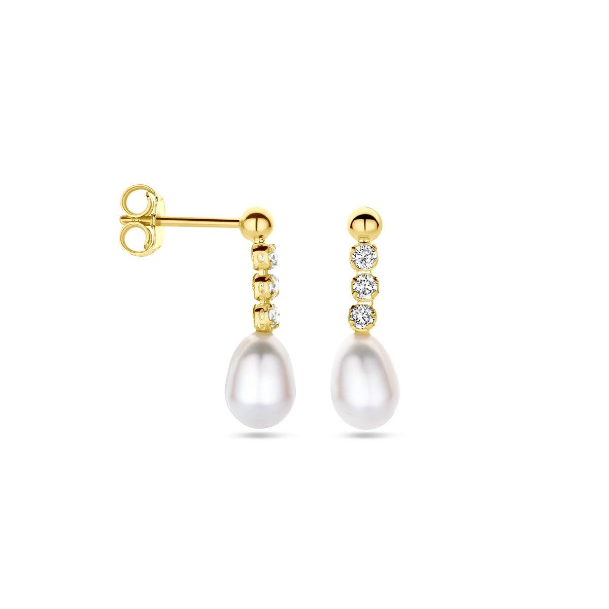 Fantasy Collection Hangende oorbellen zirkonia en parel 19 mm 14K geelgoud