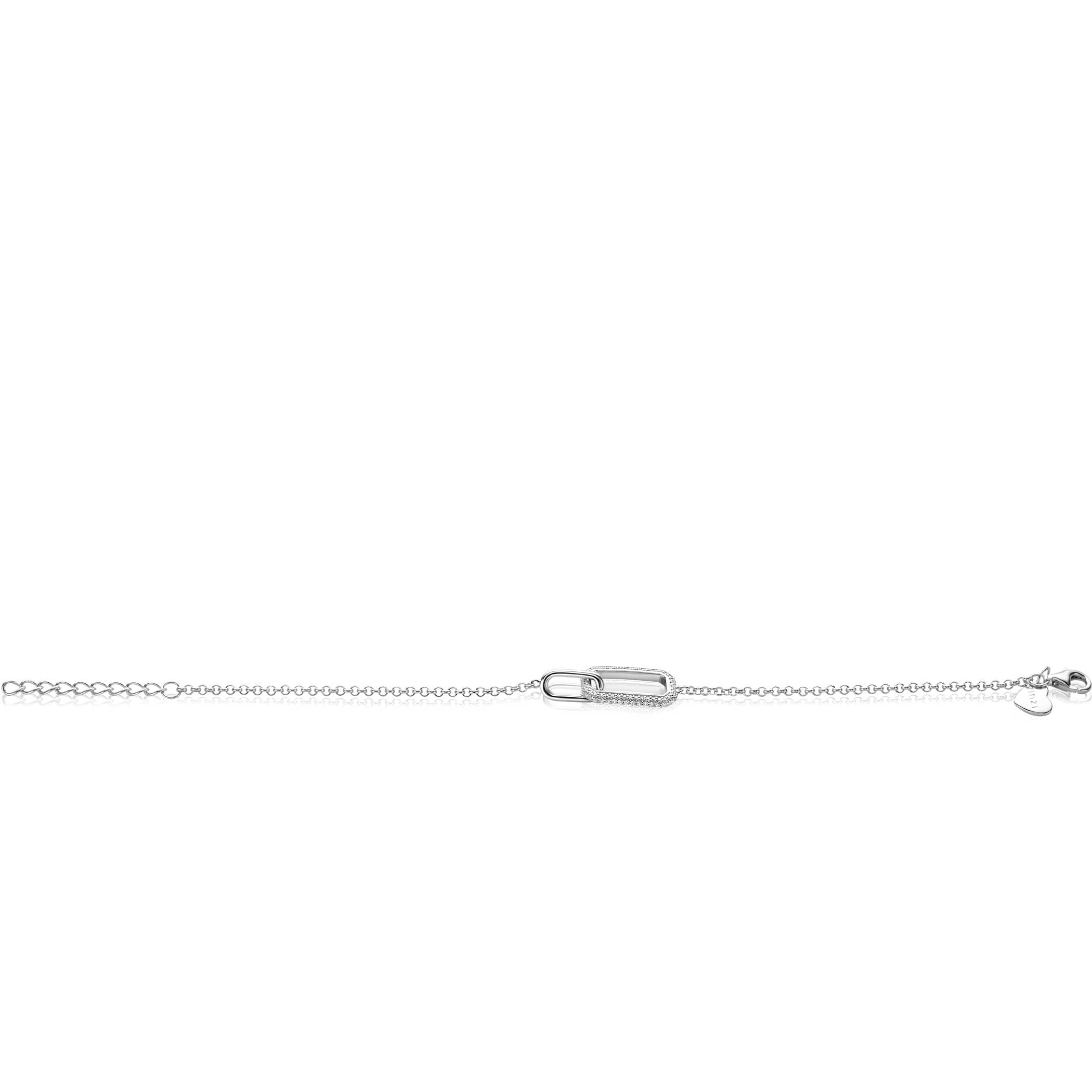 ZINZI zilveren armband met twee verbonden schakels: een rechthoekige bezet met witte zirconia's en een gladde ovale schakel