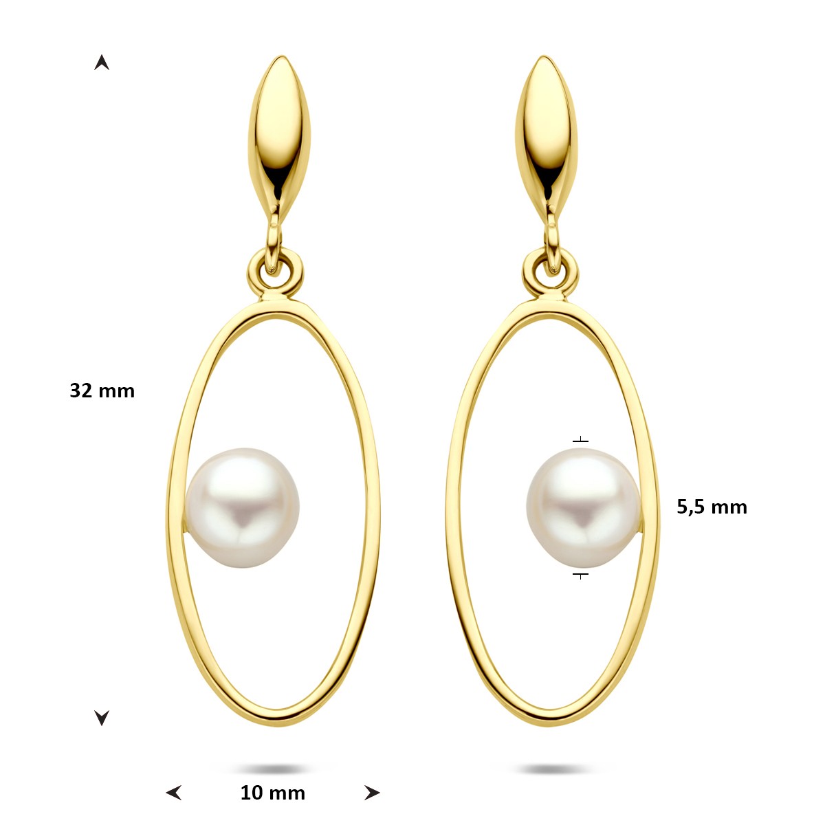 Hangende oorbellen parel 32 mm 14K geelgoud