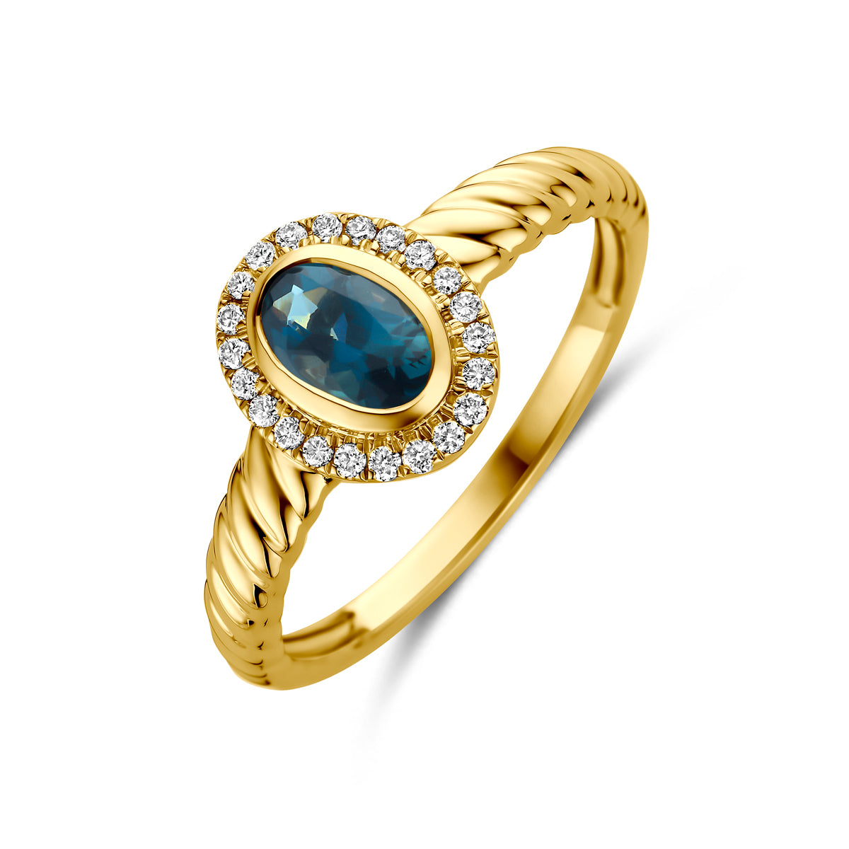 Fantasy Collection Ring london blue topaas en lab grown diamant 14K geelgoud 0.10ct f vs