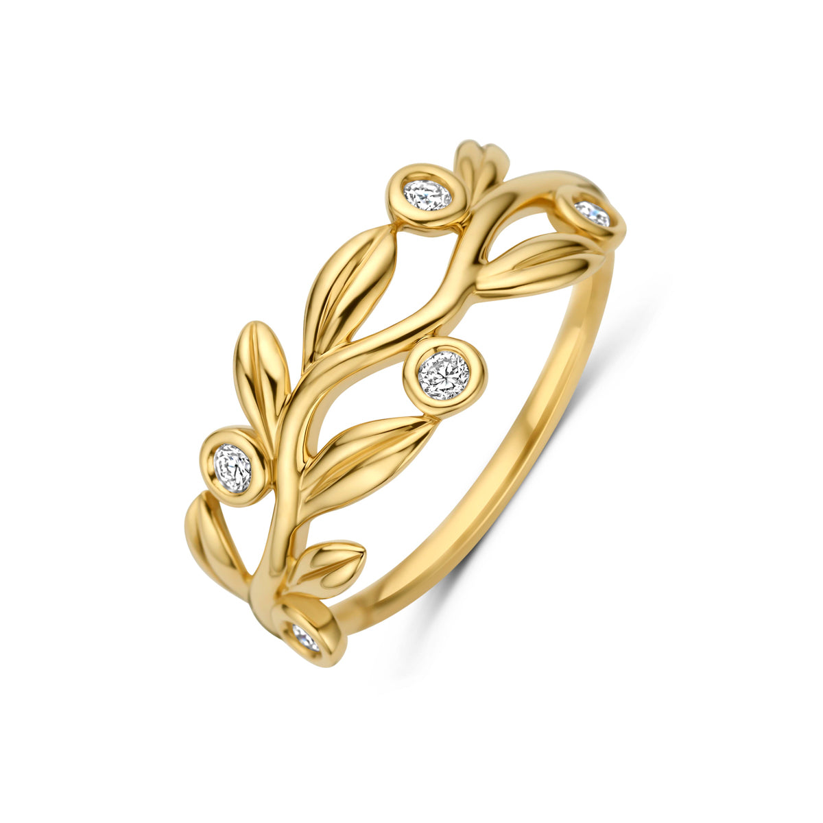 Ring bladeren lab grown diamant 0.09ct f vs 14K geelgoud