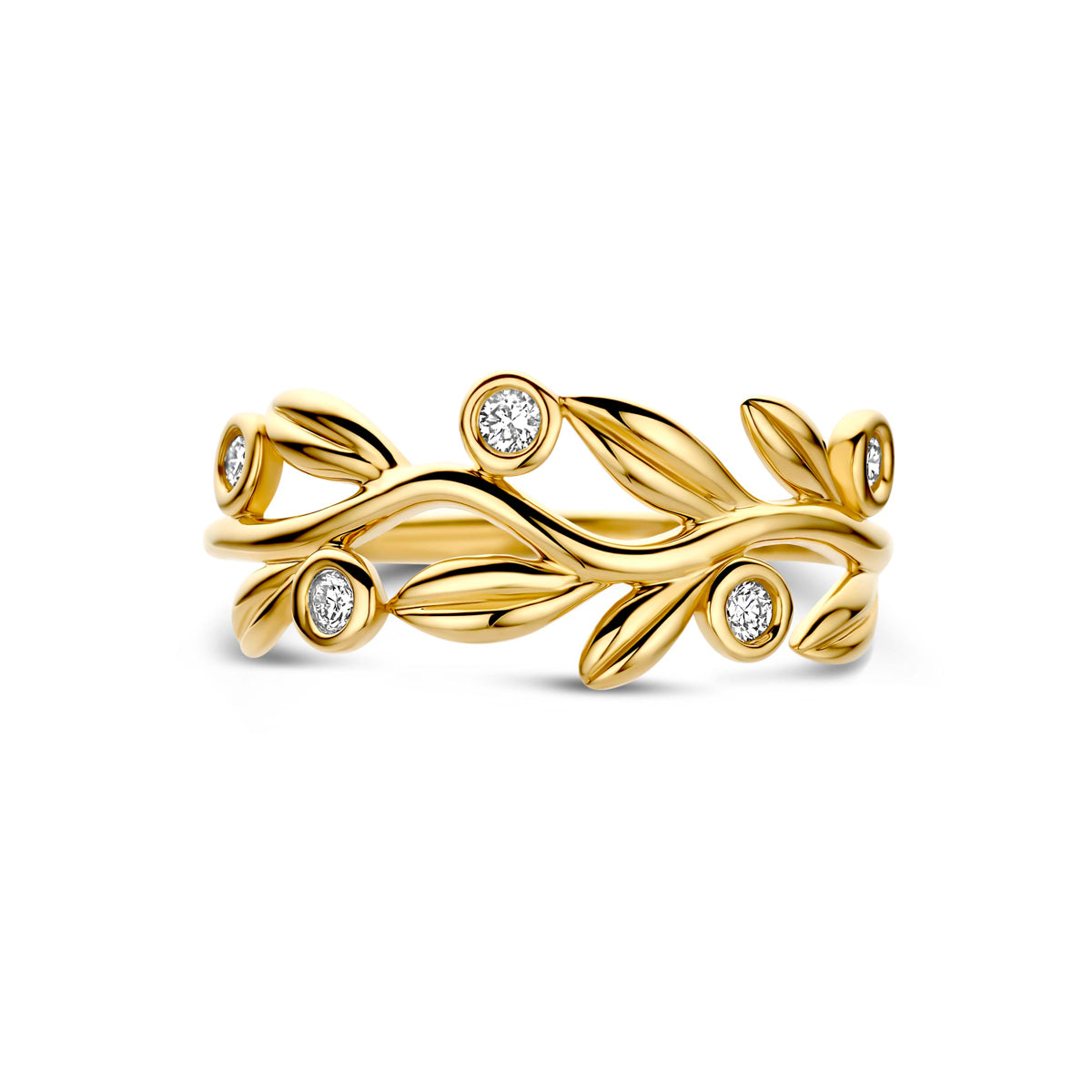 Ring bladeren lab grown diamant 0.09ct f vs 14K geelgoud