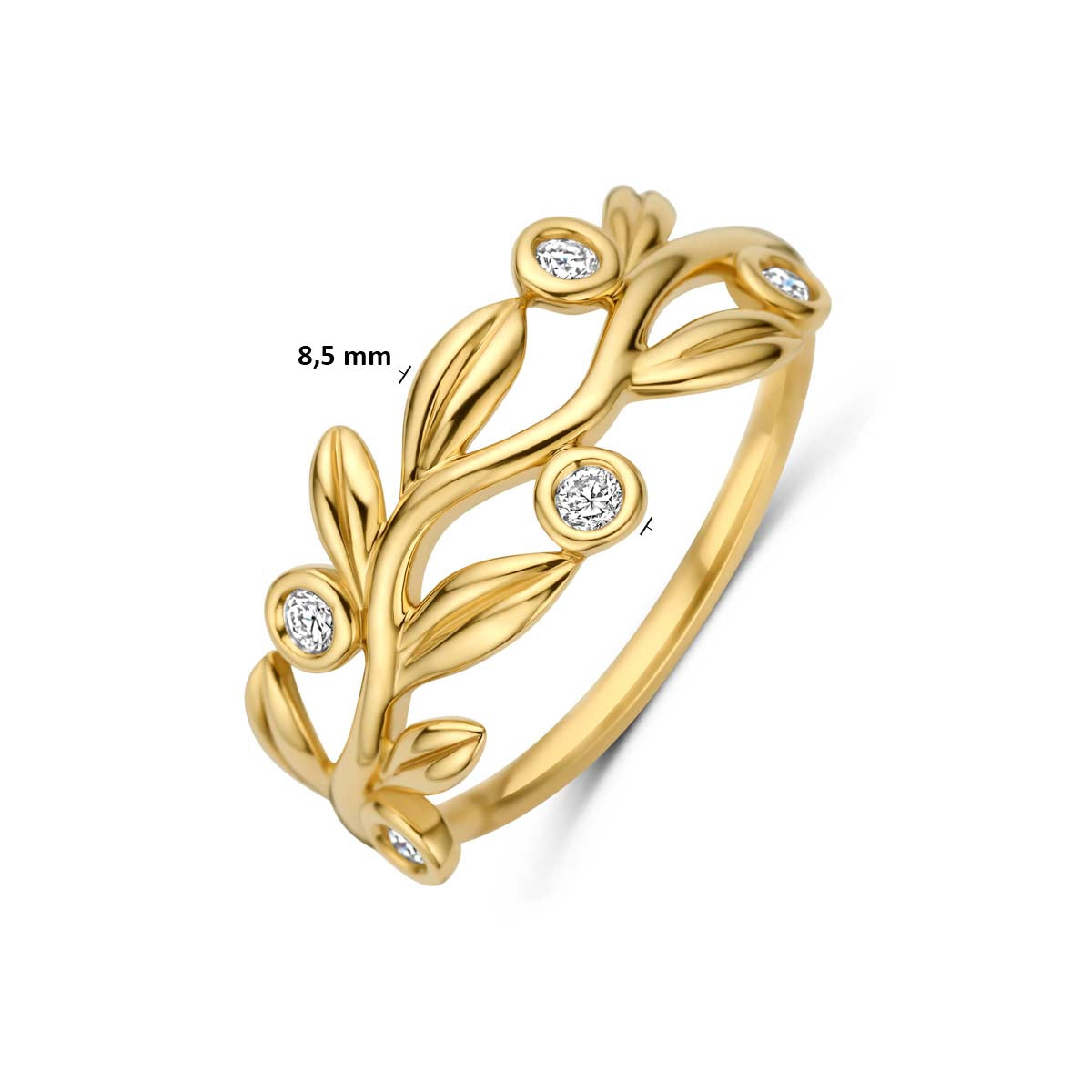 Ring bladeren lab grown diamant 0.09ct f vs 14K geelgoud