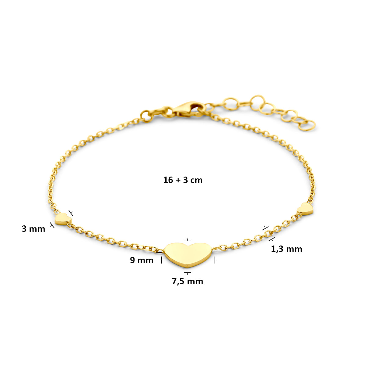 Fantasy Collection Armband hartjes 14K geelgoud 16 + 3 cm - afbeelding 3