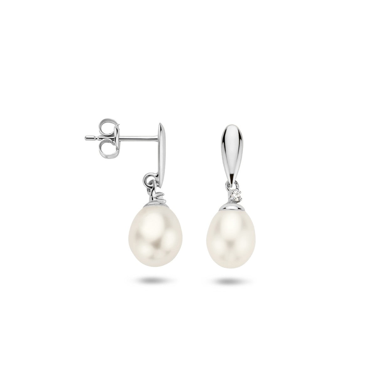 Hangende oorbellen parel en zirkonia 14K witgoud