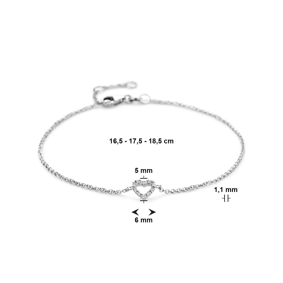 Armband hart en diamant 16,5 - 17,5 - 18,5 cm 0.04ct h si 14K witgoud