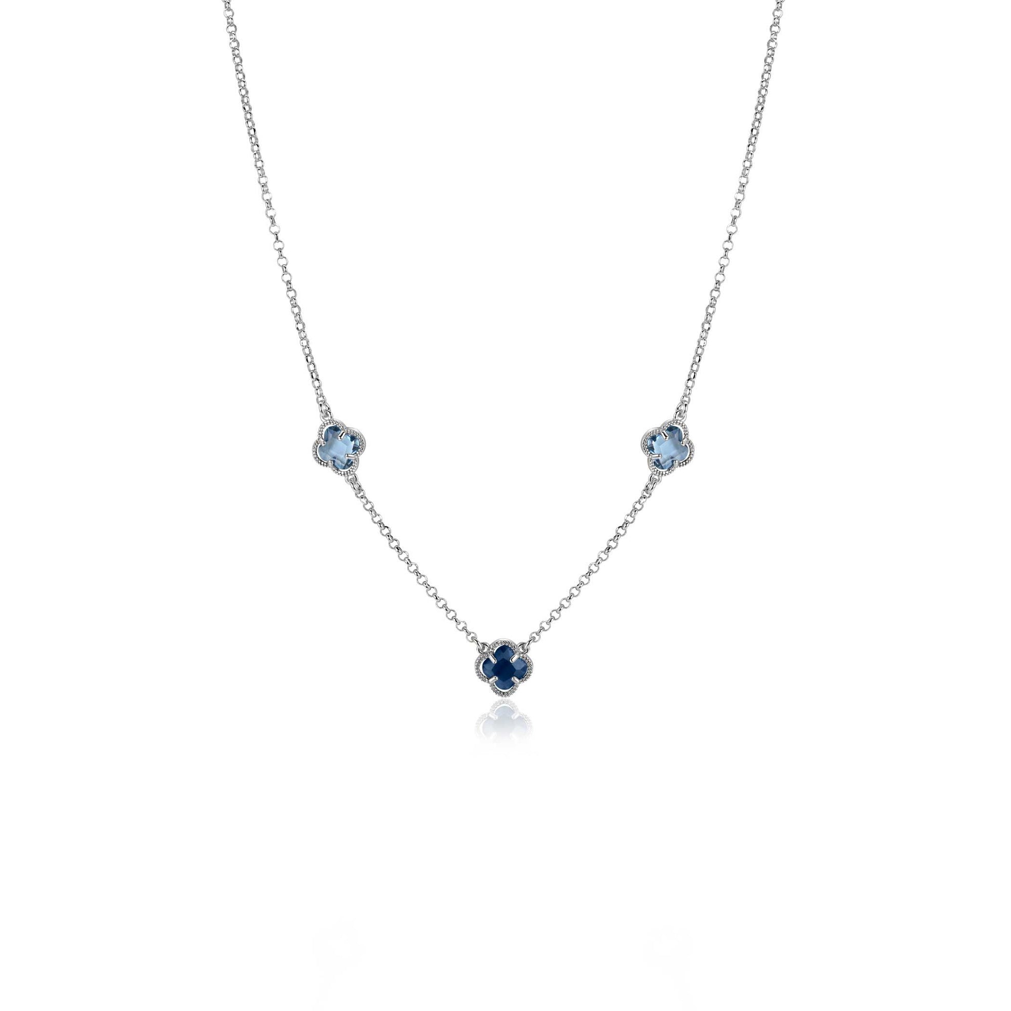 ZINZI zilveren schakelketting met twee lichtblauwe klavers en een donkerblauwe klaver 42-45cm ZIC2663B