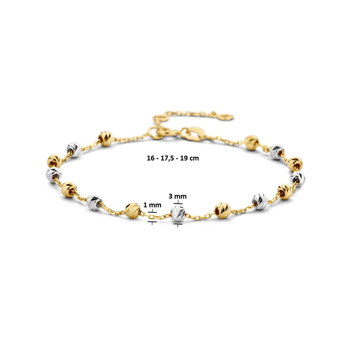 Fantasy Collection Armband bolletjes gediamanteerd 3,0 mm 16 - 17,5 - 19 cm 14K bicolor goud