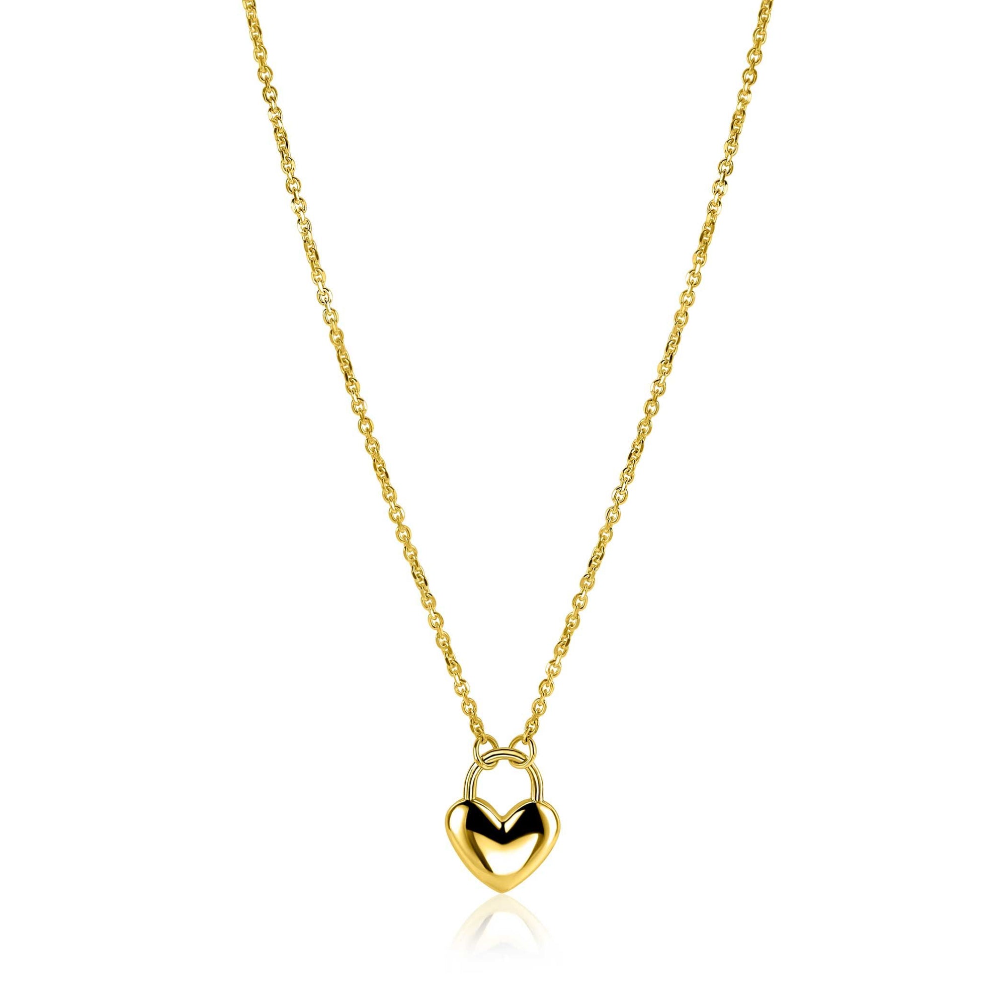 ZINZI gold plated zilvereren schakelketting met hartvormige slot hanger 18mm breed 42-45 cm ZIC2673G