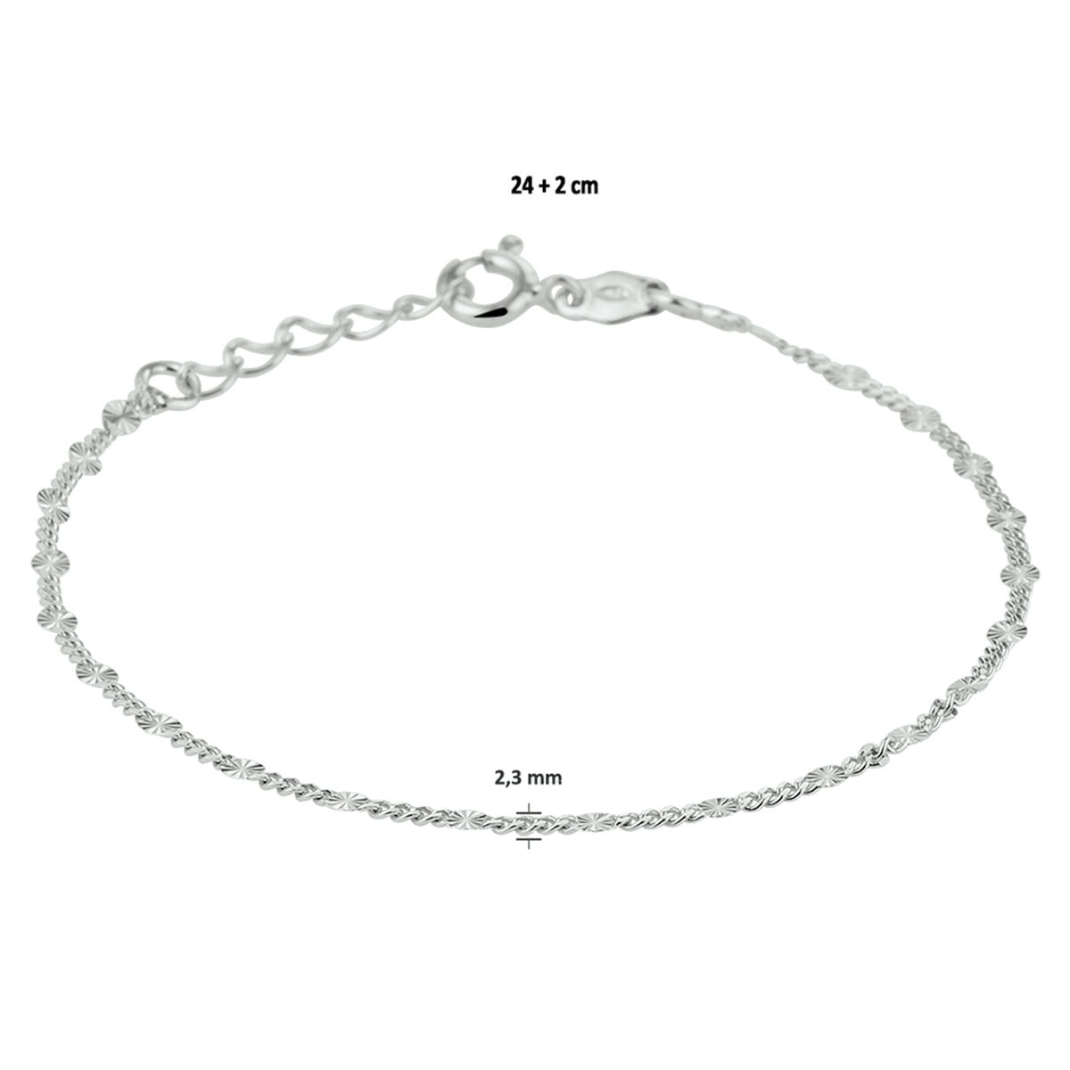 Enkelbandje 2,3 mm 24 + 2 cm zilver gerhodineerd