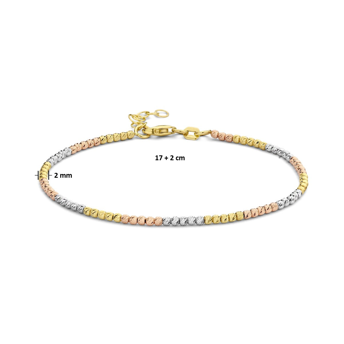 Fantasy Collection Armband bolletjes gediamanteerd tricolor 2,0 mm 17 + 2 cm 14K tricolor goud