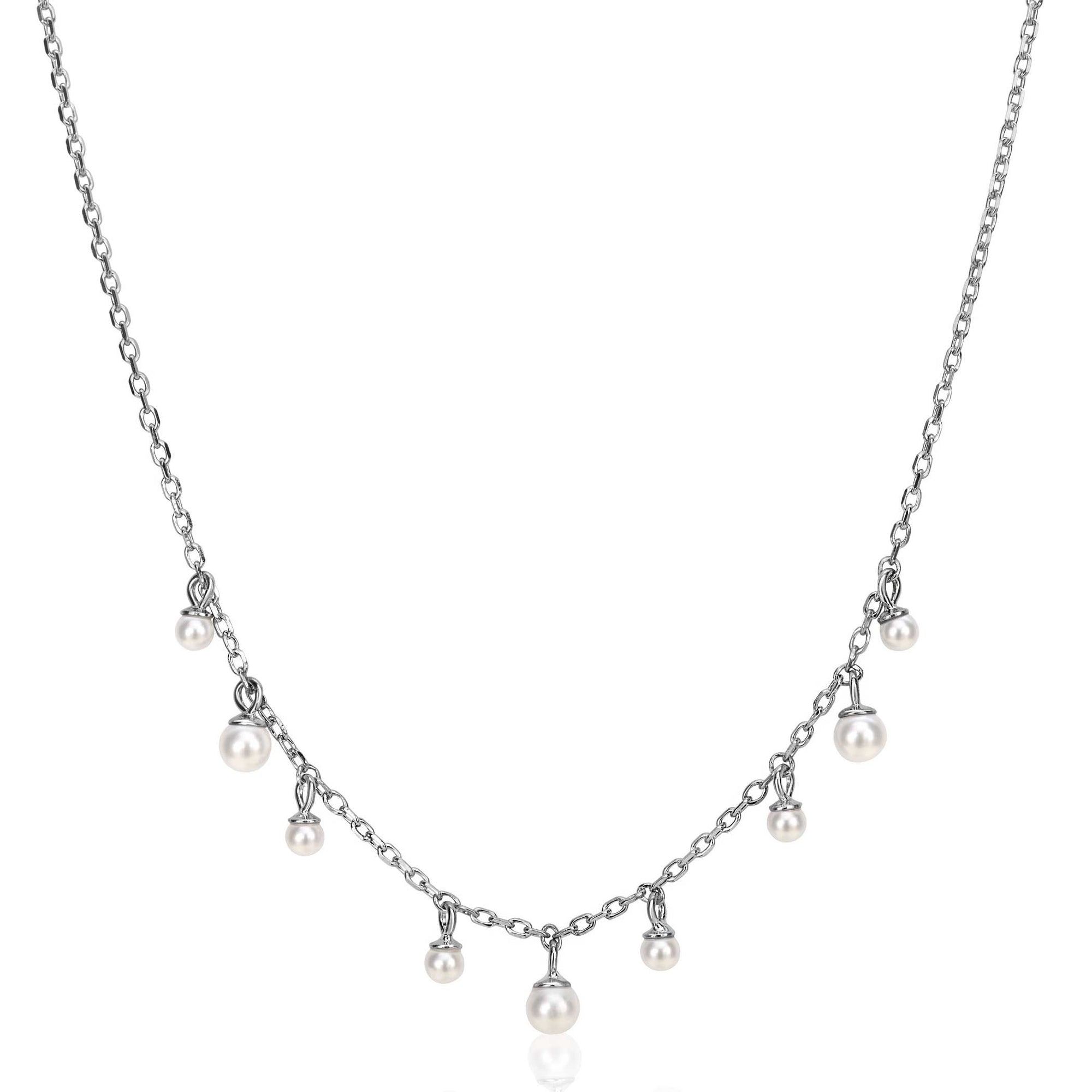 ZINZI zilveren schakelketting met negen ronde witte glasparels in verschillende groottes, speels verdeeld over de ketting 40-45cm ZIC2623