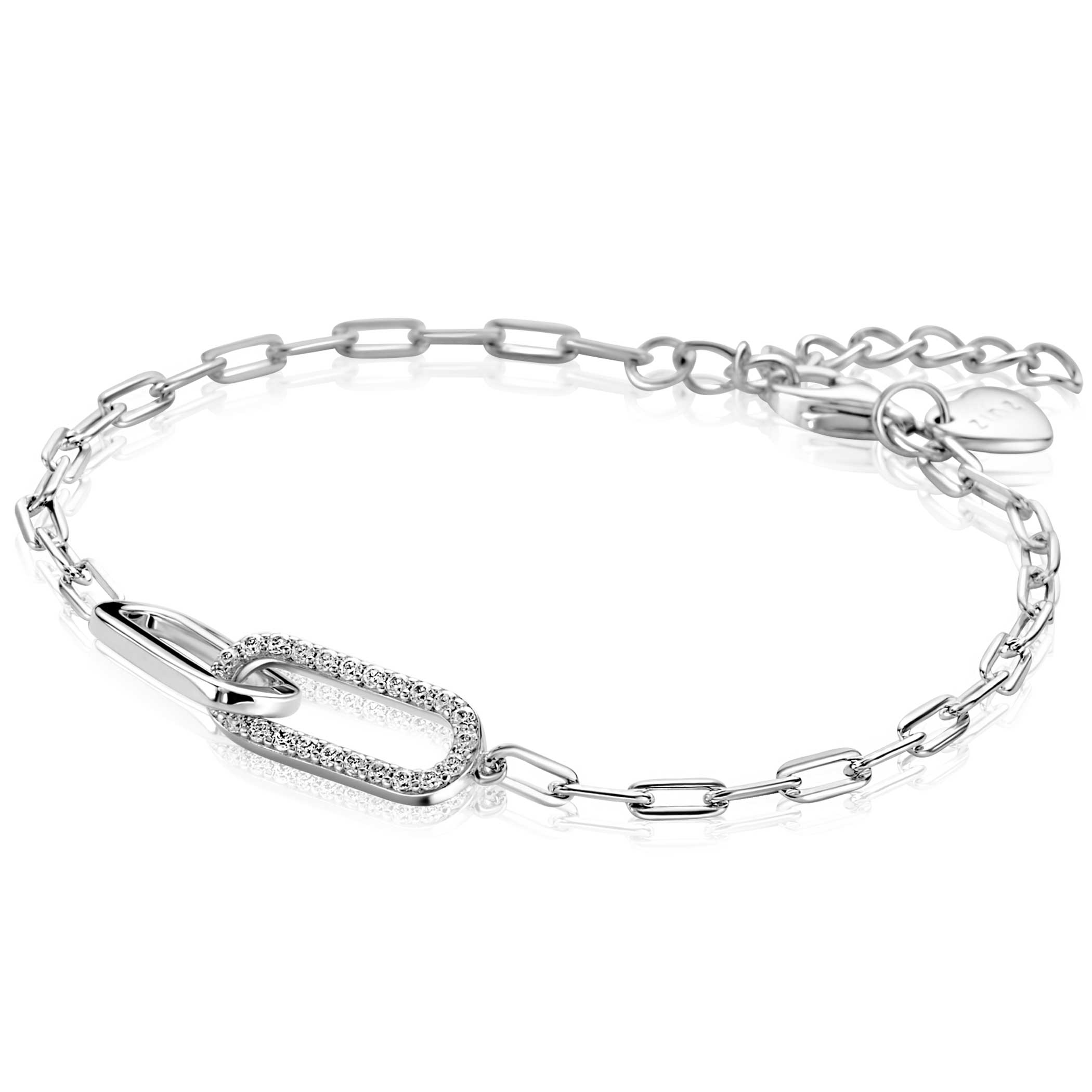 ZINZI zilveren paperclip schakelarmband met twee verbonden ovale schakels bezet met witte zirkonia's 17-20cm - ZIA2690