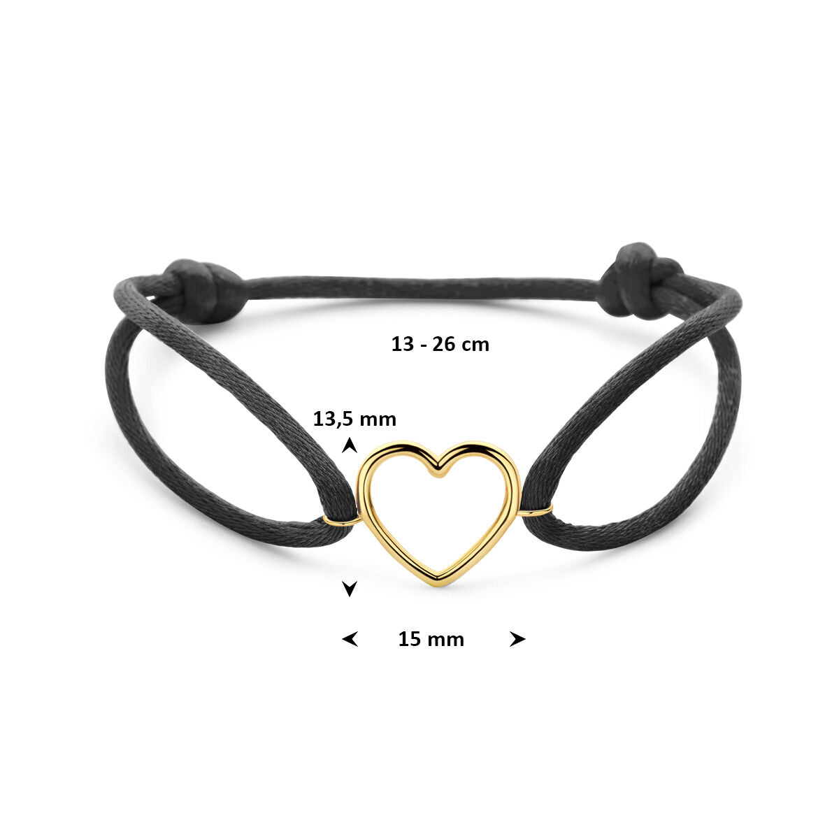 Armband zwart satijn hartje 13 - 26 cm 14K goud met rubber/nylon/leer