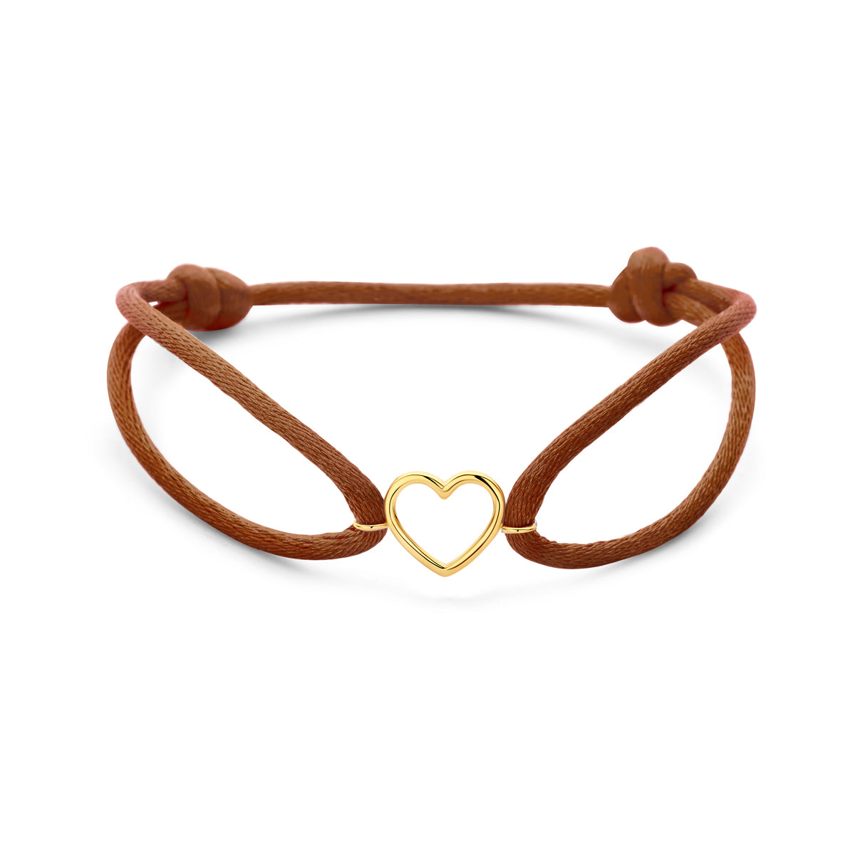 Armband bruin satijn hartje 13 - 26 cm 14K goud met rubber/nylon/leer