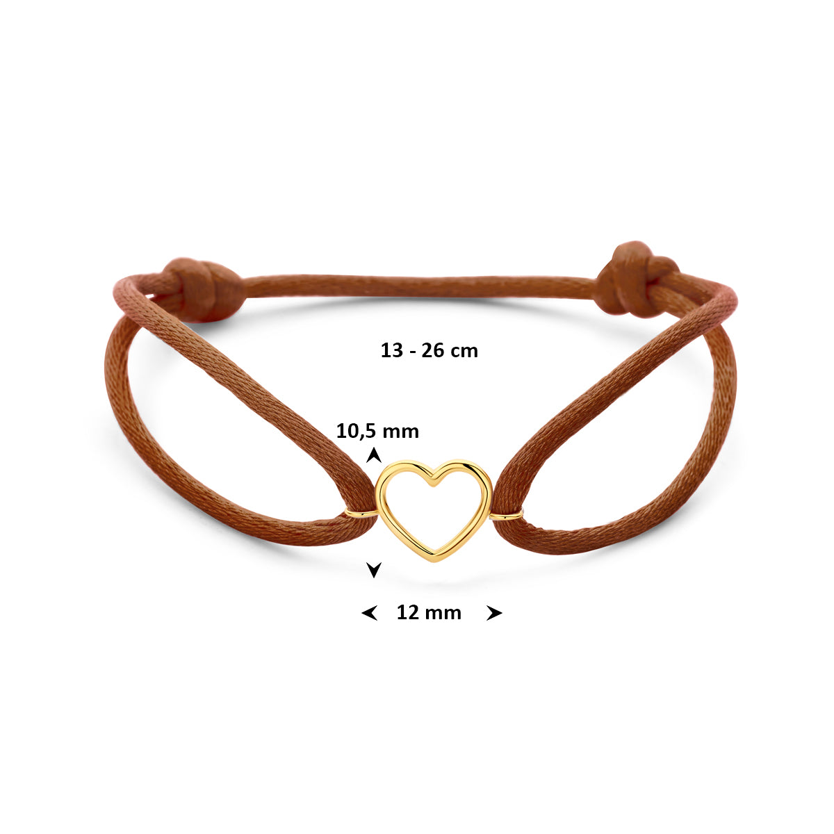 Armband bruin satijn hartje 13 - 26 cm 14K goud met rubber/nylon/leer