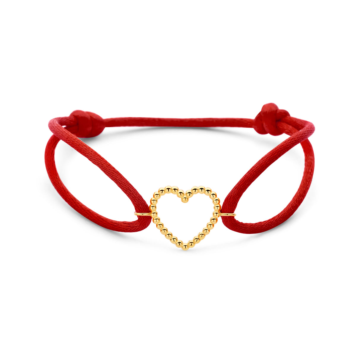 Armband rood satijn hartje 13 - 26 cm 14K goud met rubber/nylon/leer
