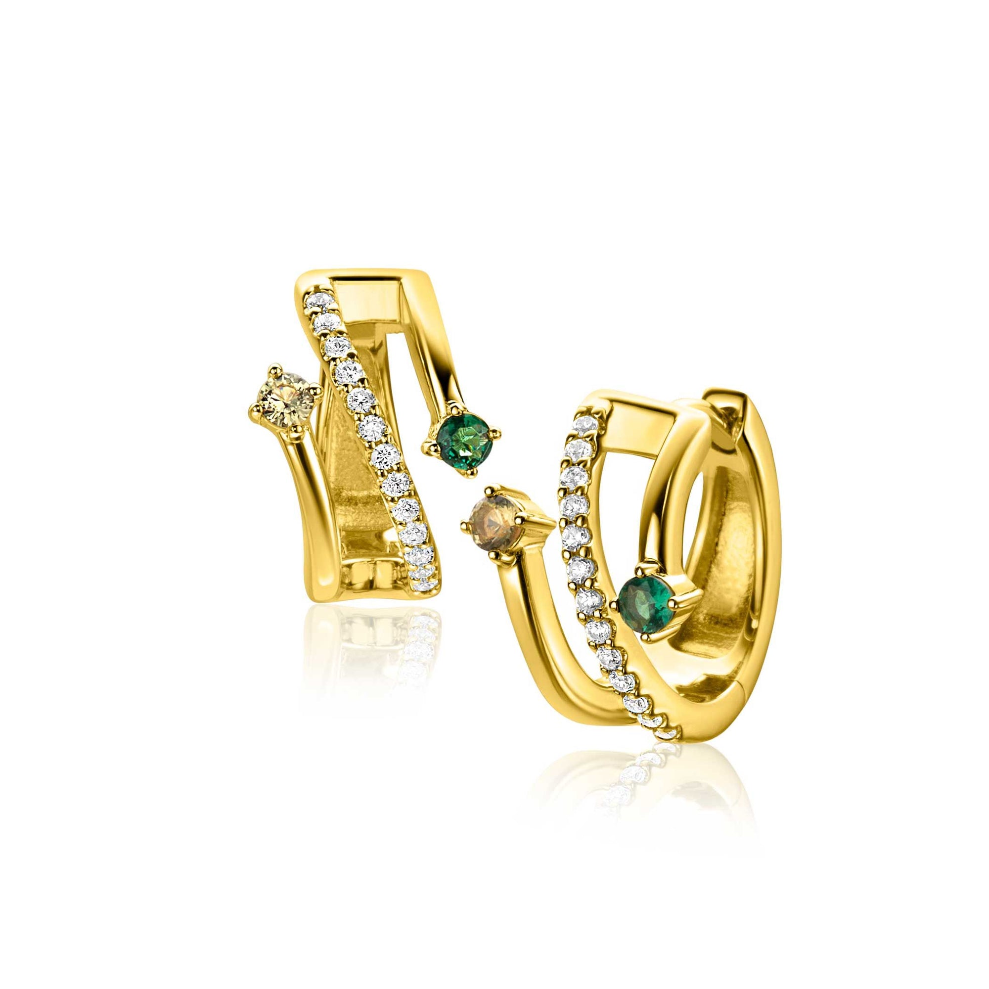 ZINZI gold plated zilveren multi-look oorringen met 3 rijen, bezet met groene kleurstenen en witte zirkonia's 10mm breed met luxe klapsluiting 16mm ZIO2646G - PansiteNederland.nl