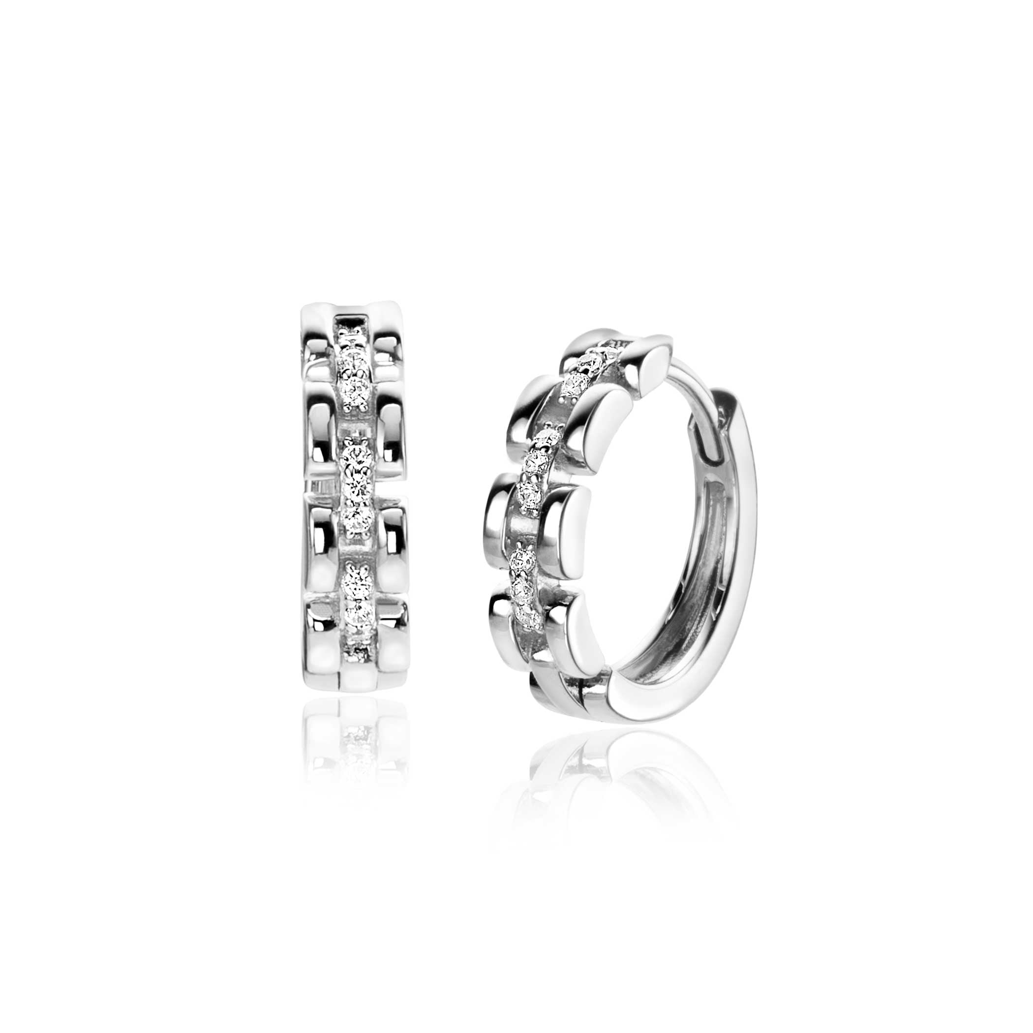 16mm ZINZI zilveren oorbellen met rolex-style schakels en middenbaan bezet met witte zirconia's, met luxe klapsluiting
