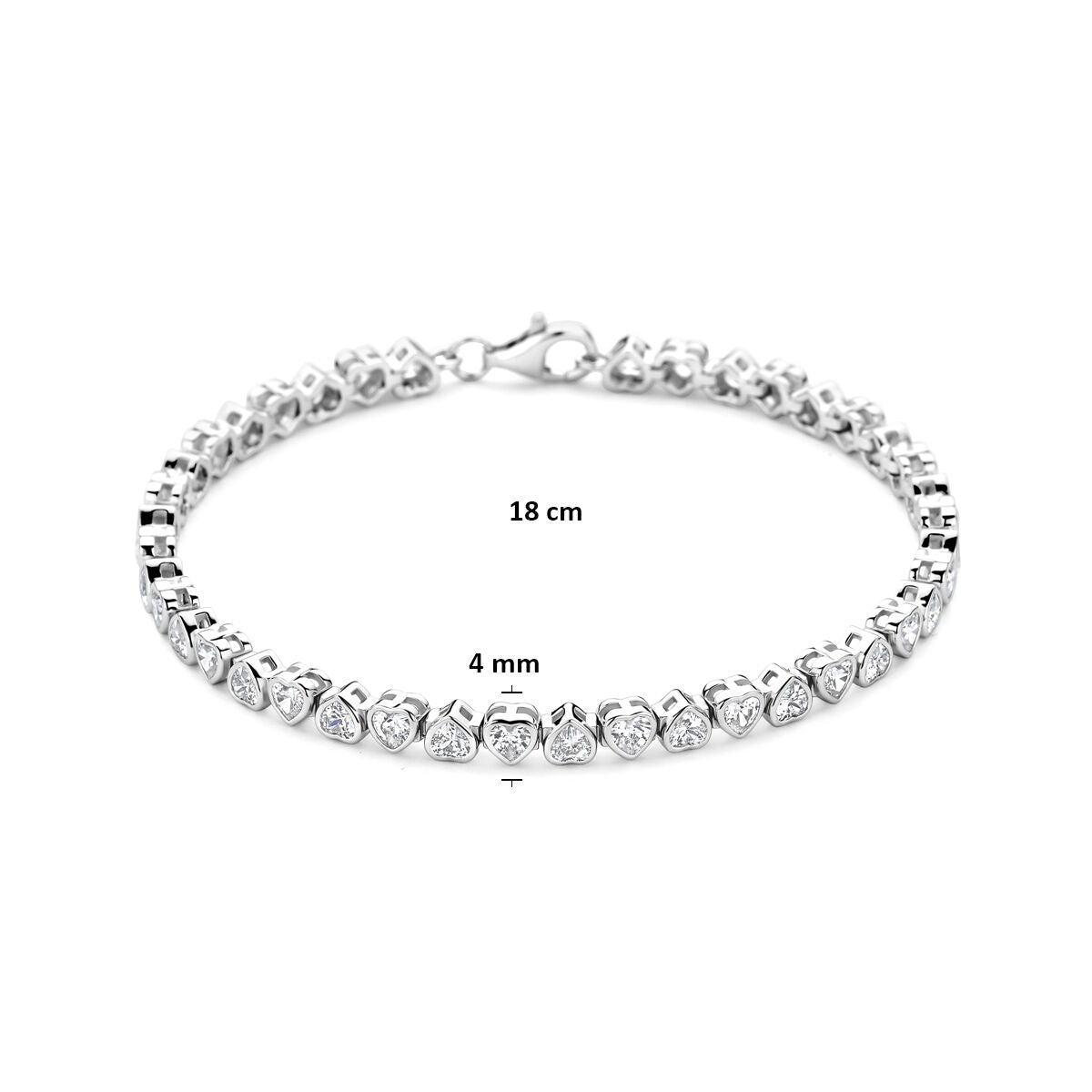 Tennisarmband hartjes zirkonia 4 mm 18 cm zilver gerhodineerd