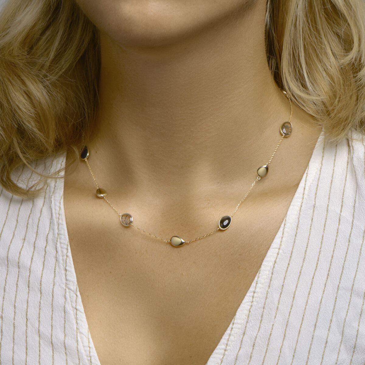 Fantasy Collection Collier zwart rutiel en onyx 42 - 45 cm 14K geelgoud